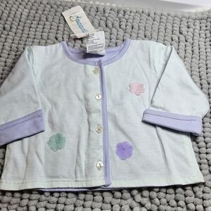 NWOT Size 3 mos Jacadi Water Blue Cardigan with Lavender Trim and Pastel Flowers